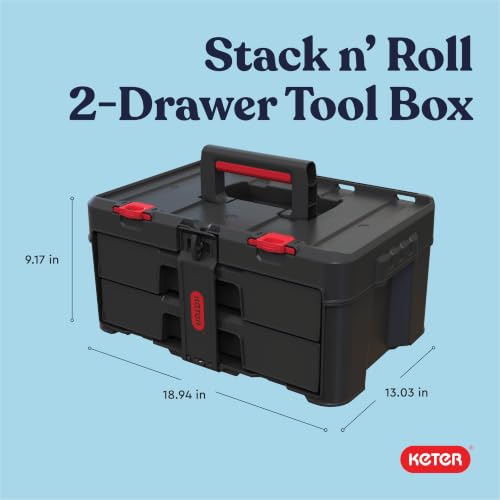 Keter Stack-n-Roll Two Drawer Tool Box for Small Parts and Power Tool Accessories, Fits Keter Modular Tool Storage System - color: Black/Red, size: 2 Drawer