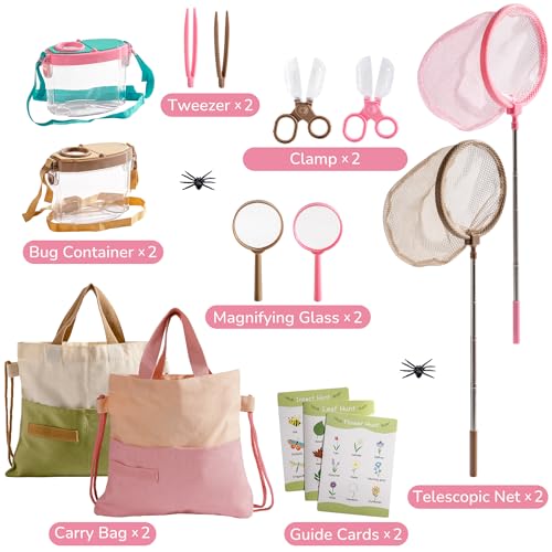 ROBOTIME Twin Color Catcher Kit for Kids: 2-Person Outdoor Explorer Set with Green & Pink Gear | Complete Hunting Kit for Siblings & Friends Ages 3+ - color: Green+pink