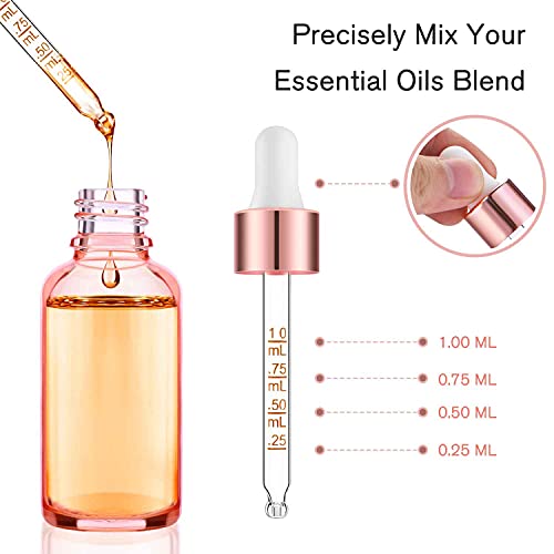 PrettyCare Glass Eye Dropper Bottles 2oz (60ml), 63 Pack Empty Thick Rose Glass Bottles Bulk with Leakproof Caps - With Labels & Funnels for for Storage, Travel,Essential Oils, DIY Serums, Tincture - color: 2oz Rose, style: 63 Pack