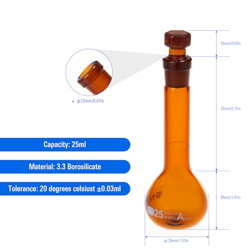 2PCS 25ML Volumetric Flask, Class A, Glass Stopper for Laboratory - color: Amber Glass, size: 25ML
