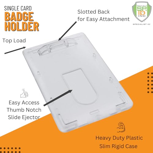 3 Pack - Slim Heavy Duty Badge Holders - Hard Plastic Clear Polycarbonate (Holds 1 Card) Rigid Top Load Single Card Case - Vertical Easy Access Thumb Slide Hole & ID Protection by Specialist ID - size: 3 Pack