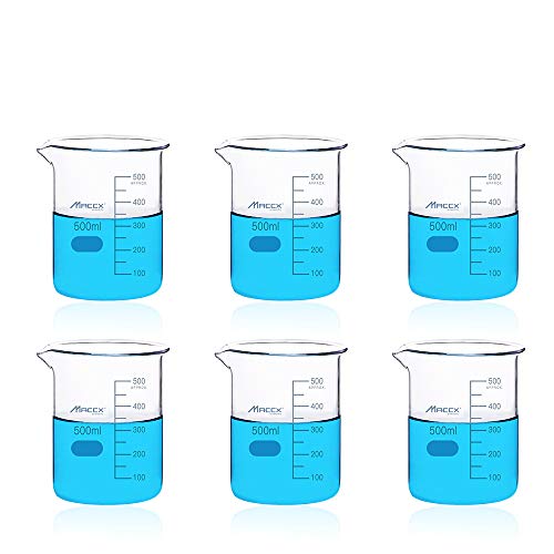 16.9oz(500ml) Sturdy Glass Beaker, 3.3 Borosilicate Griffin Low Form with Printed Graduation, Pack of 6, BKL500-006 - style: Vol.500ml, Pack of 6