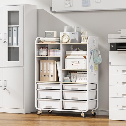 APEXCHASER 6 Drawers Rolling Storage Cabinet with Wood Top& Pegboards White - color: White