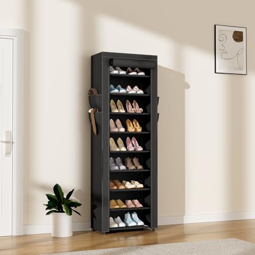 LANTEFUL Narrow Shoe Rack with Cover 10 Tier Tall Shoe Rack Organizer Large Capacity Shoe Shelf Storage 18-22 Pairs Space Saving Free Standing Shoe Storage Organizer for Closet, Entryway, Dorm, Black - color: Black, size: 10 Tier - 17.7"W