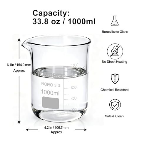 JOLABEAR 4-Pack 1000 mL 3.3 Borosilicate Glass Lab Beakers, Low Form - size: 1000ml 4pcs