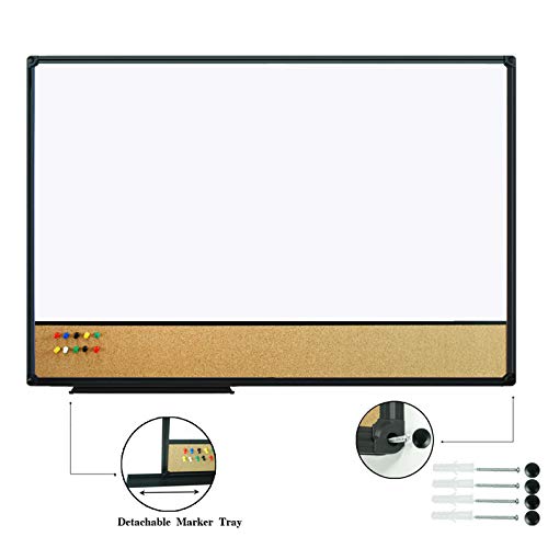 JILoffice White Board & Bulletin Corkboard Combination, Combo Board 36 x 24 Magnetic Whiteboard, Black Aluminum Frame Wall Mounted Board for Office Home and School with 10 Push Pins - size: 36" x 24", style: horizontal