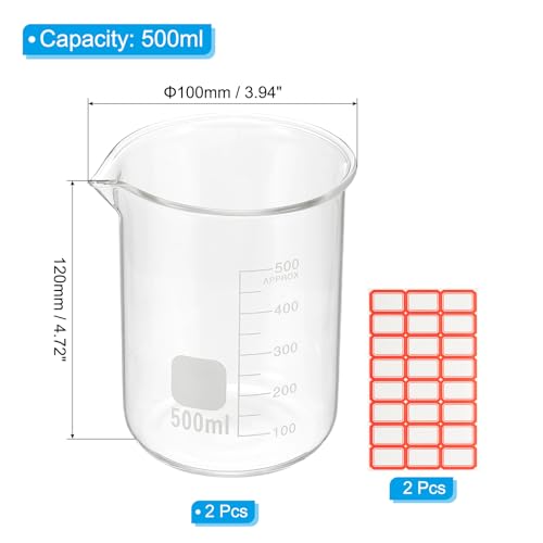 PATIKIL 500ml Glass Beaker, 2 Pack Measuring Glass Beaker Graduated Borosilicate Lab Cups Mug Low Form Heat Safe Transparent with Spout Label for Laboratory Science Kitchen Liquids - size: 500ml