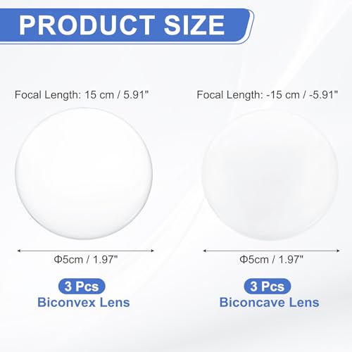 PATIKIL 6 Pack Optical Lens Set, 5 cm Glass Lenses (3 Biconvex 15 cm Focal Length & 3 Biconcave -15 cm Focal Length) for Physics Science Education DIY Telescope Microscope Experiments - size: 5 cm Dia. (15cm & -15cm Focus Length)