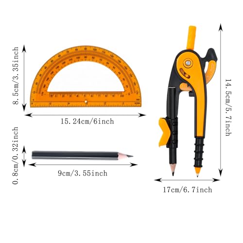 Unjoo Compass for Geometry Set, 6 Inch Protractor, Clear Plastic (Orange) - color: Orange