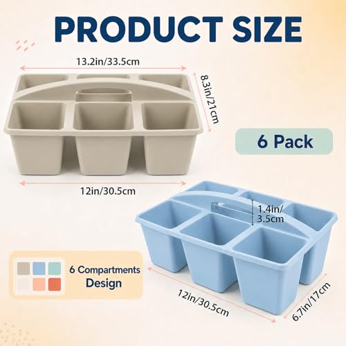 gisgfim 6 Pack Plastic Classroom Caddy with 6-Compartments Plastic Storage Caddies with Handle 6 Compartments Table Caddy Organizer Versatile Table Caddies for Classroom Office Storage, Morandi Color - color: Morandi Color