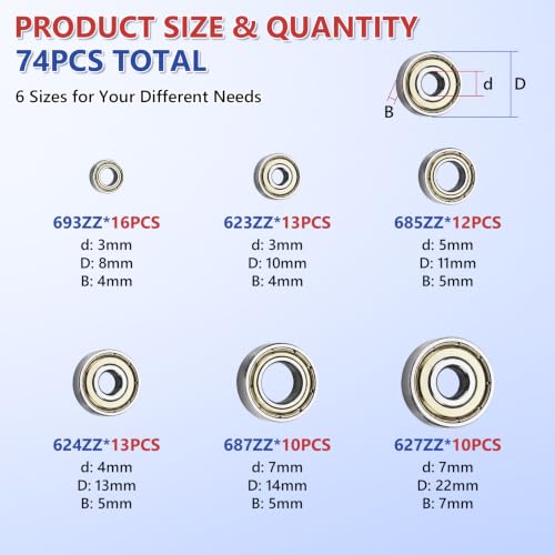 74 PCS Ball Bearings Kit, 6 Sizes for 3D Printing, Furniture, Skates