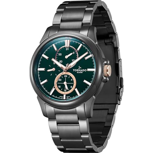 Tornado Celestia Elite Men’s Multi Function Watch | Beige Dial, Gold Case & Strap, 45mm, 10ATM - T6107-GBGC - color: Green