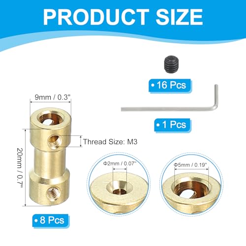 PATIKIL Brass Shaft Coupling Joint 2mm to 5mm, 8 Pcs Motor Shaft Coupler Extension Connector Rigid Sleeve Adapter Transmission Joint with Screws for RC Car Tires Shaft Motor - size: 2mm to 5mm