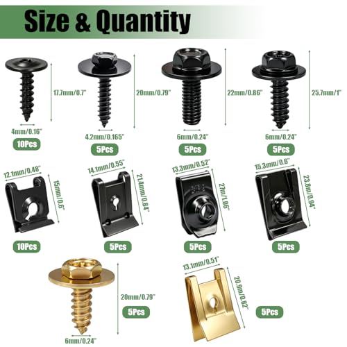60Pcs U-Nut Clips and Body Bolts Screws Assortment Kit, 10 Sizes Auto Car U Clips Fender Liner Screw for Most Cars Bumper Engine Splash Shield - color: Multicolor-10 Sizes Assortment Kit
