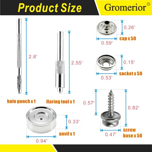 Gromerior Snap Button Kit with Screw Studs, 50 Sets Snaps & 3 Install Tools