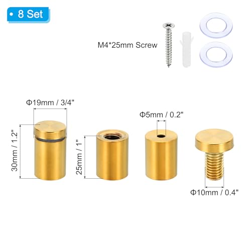 PATIKIL 3/4 x 1.2 Inch Sign Standoff Screws, 8 Set Stainless Steel Wall Standoff Mounting Hardware Advertising Glass Nail for Hanging Acrylic Picture Frame Acrylic Panel, Gold - color: Gold, size: 3/4 x 1.2 Inch