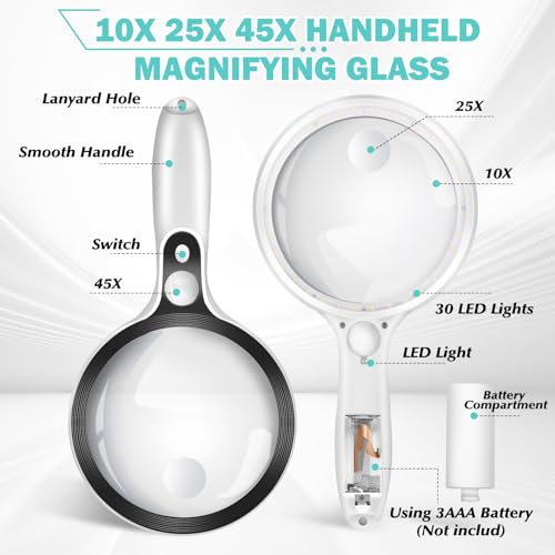 Large Magnifying Glass with Lights,10X 25X 45X Handheld Lighted Magnifier, 5.5in Page Magnifier 36 LED Lights, Magnifying Glass for Reading Small Prints & Low Vision Seniors with Aging Eyes