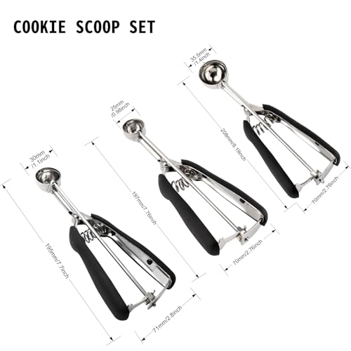 Small Cookie Scoop Set - 3 PCS Include 1 tsp / 2 tsp / 3 tsp Cookie Dough Scoop, Cookies Scoops for Baking, Made of 18/8 Stainless Steel, Good Soft Grips, Quick Trigger Release - size: 25 & 30 & 35 mm / Set of 3