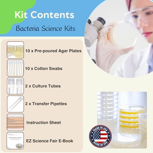 Bacteria Science Kit: Pre-poured LB Agar Plates and Cotton Swabs, E-Book for Science Fair Project with Award Winning Experiments