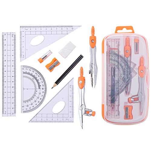 Unjoo Math Geometry Set 10 Pcs,Compass and Protractor for Students,Orange - color: Orange