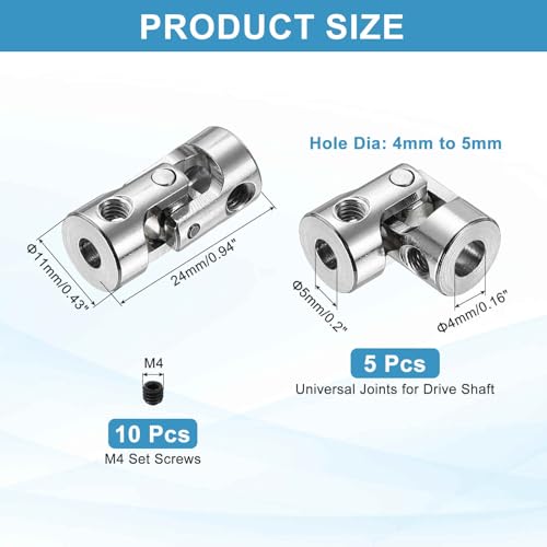 MECCANIXITY 5pcs Universal Joint Shaft Coupling, 4mm to 5mm Inner Dia Rotatable Steering Shaft U Joints Coupler with Screws for RC Car, Robot, Boat Drive Ship Motor Use - size: 4mm to 5mm