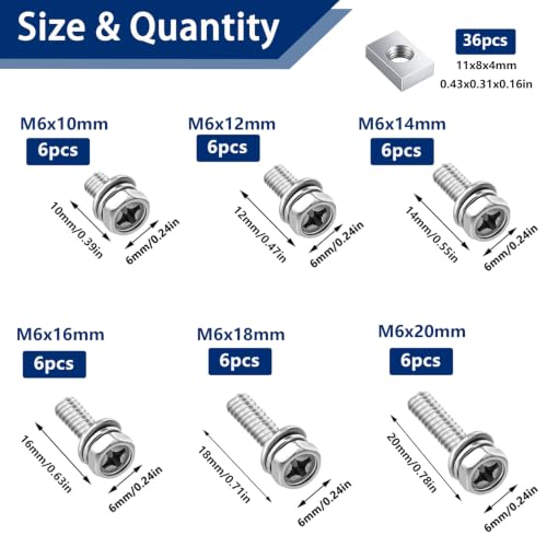 Tnisesm 72PCS Battery Terminal Motorcycle Bolts and Nuts Kit M6x10/12/16/18/20mm 304 Stainless Steel Battery Bolt with Square Nut for ATV Bike, Motorcycle, Scooter - size: M6-72PCS