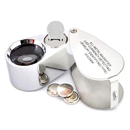 40X 25mm Illuminated Jewelry LED UV Lens Loupe Magnifier with All Metal Construction Folding Jewelers Magnifying Glass with Protective Case for Currency Detecting Jewelry Identifying