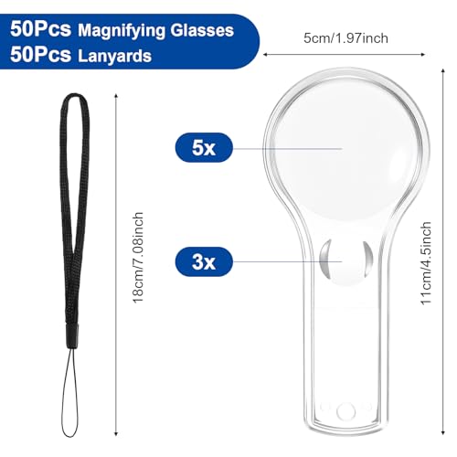 50 Pack Plastic Magnifier for Kids, 5X and 15X Mini Magnifying Glass Handheld Magnifier with Lanyard, Acrylic Magnifying Glasses for Reading Home Outdoor Science Observation