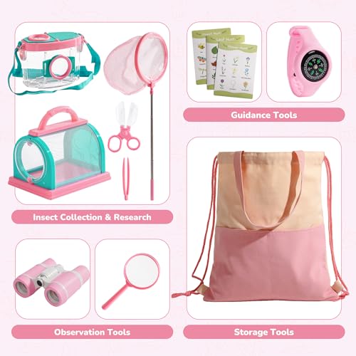 ROBOTIME Bug Catcher Kit for Kids, 12Pcs Explorer Kit, Outdoor Adventure Set with Kids Binoculars, Butterfly Net, Insect Box, Magnifying Glass and Compass Watch for Toddlers 3-12 (Pink) - color: Pink