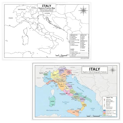 Italy Map Poster 11x17 | Laminated Double-Sided Geography Chart with Color Map Front & Blank Outline Back | Reusable Classroom & Homeschool Learning Tool - color: Italy