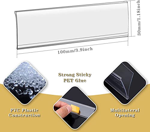 100-Pack 4" x 1" Shelf Tag Label Holders Adhesive Clear Shelf Tag Index Card Pockets Plastic Drawers File Cabinet Storage Bins Label Holder for Supermarket School Library Kitchen