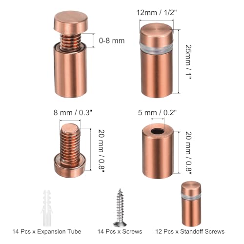 uxcell 12 Pcs 1/2" x 1" Standoff Screws Stainless Steel Wall Mount Sign Mounting Hardware Kit with 14pcs Screws for Hanging Acrylic Glass Signs Advertising Boards, Rose Gold - color: Rose Gold, size: 1/2" x 1"