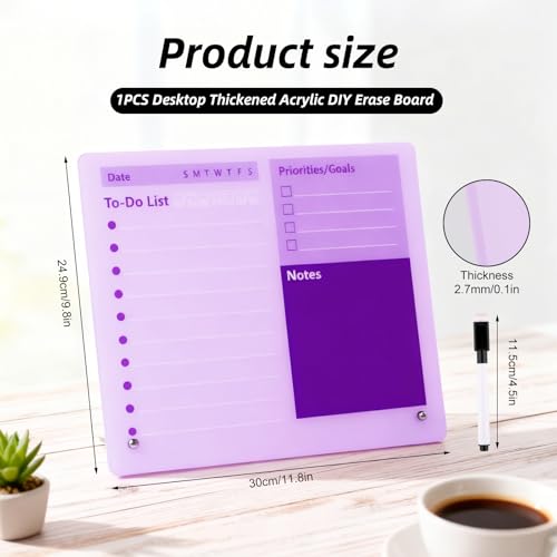 Purple Acrylic Dry Erase Board 12x10 inch, Thickened Desktop to Do List Planner Board with Stand and Markers,Frameless Tabletop Purple Dry Erase White Board Daily Task Organizer for Office Home School - color: Purple