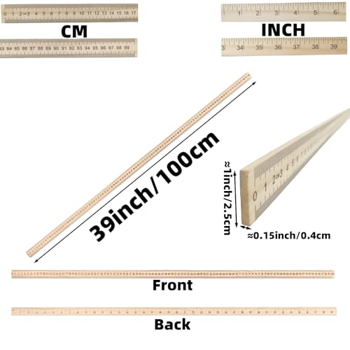 12 Pcs 39 Inches Wooden Rulers Meter Stick Yard Sticks Double Sided for Classroom School Clothing Measuring Home Office 39in(100cm)