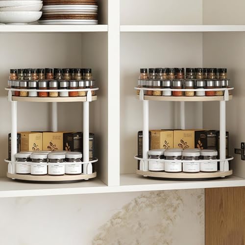 YATINEY Lazy Susan Organizer, Rotating Spice Rack, 2 Tier Spice Turntable Organizer, Industrial Turntable Spice Holder, for Kitchen Countertop, Compact and Versatile, White and Light Oak SR22WG - color: White + Light Oak, size: 10.2"L x 10.2"W x 11"H