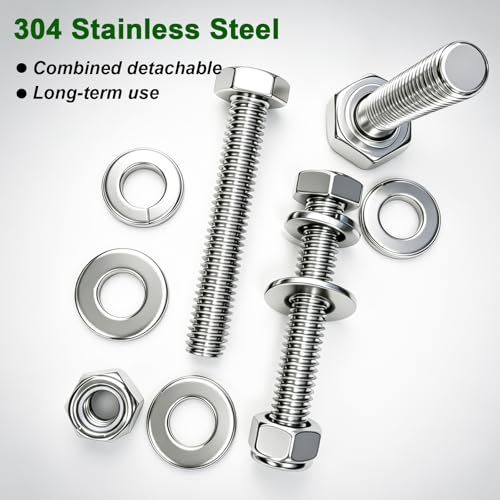 10 Sets 5/16-18×2" Stainless Steel Hex Head Screws Bolts, Nuts, Flat & Lock Washers,18-8(304) Full Thread - color: Silver-hex, size: 5/16-18×2"(10 sets)
