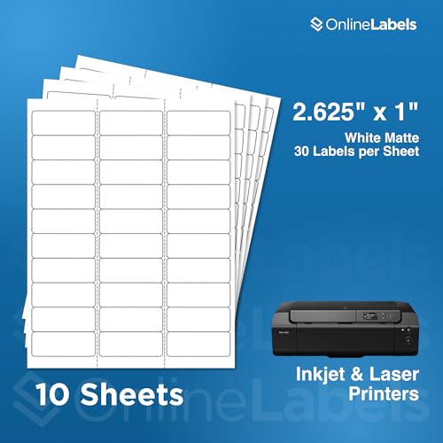Online Labels Customizable Address & Mailing Labels - 2.625 x 1 - Permanent, White Matte - FBA Inventory, SKU - 30-Up - Pack of 300, 10 Sheets - for Inkjet/Laser Printers - size: 10 Sheet Pack