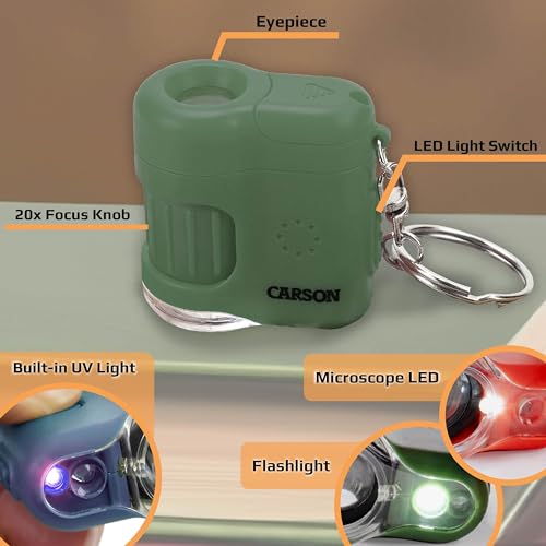 Carson MicroMini 20x LED Lighted Pocket Microscope with Built-in UV and LED Flashlight, Green (MM-280G), Large - color: Green