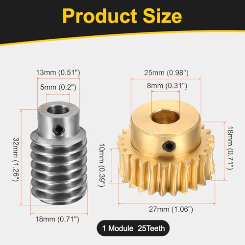 uxcell Worm Gear Set Right Rotation 25T 1 Module 25:1 Reduction Rate - size: Gear-8mm, Worm-5mm Bore, style: 1M-25T