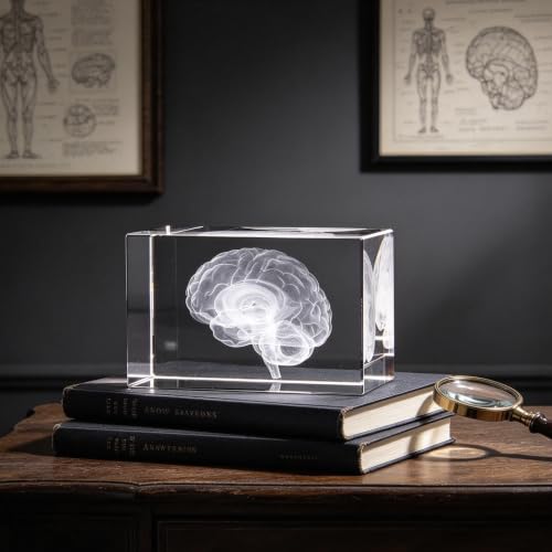 3D Human Brain Anatomical Model Paperweight(Laser Etched) in Crystal Glass Cube Science Gift (No Included LED Base)(3.1x2x2 inch)