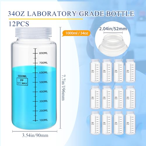 Tatuo 12 Pcs 32oz 1000ml Plastic Sample Bottles with Screw Cap, Liquid Containers with Lid for Lab Reagent Sample Medicine Pill Water Storage, Travel Bottles(Clear,Wide Mouth-Dark Scale) - color: Clear, size: 32 oz 1000 ml, style: Wide Mouth-dark Scale