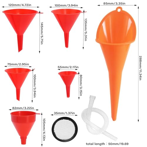 Oil Funnel for Automotive Use, Plastic Oil Change Funnels Set Large Flexible Fuel Funnel with Long Hose and Filter Bendable Wide Mouth for Car Motorcycle Boat Bottle Water Gasoline (7PCS)