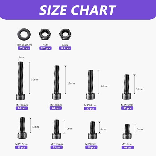 755PCS M3 Screw Assortment Kit, 12.9 Grade Alloy Steel Black Zinc Plated Hex Socket Head Cap Screws Bolts Nuts and Washers Set, M3x6/8/10/12/16/20/25/30mm for 3D Printer, DIY, Electronics, RC Models - color: M3 755 pcs