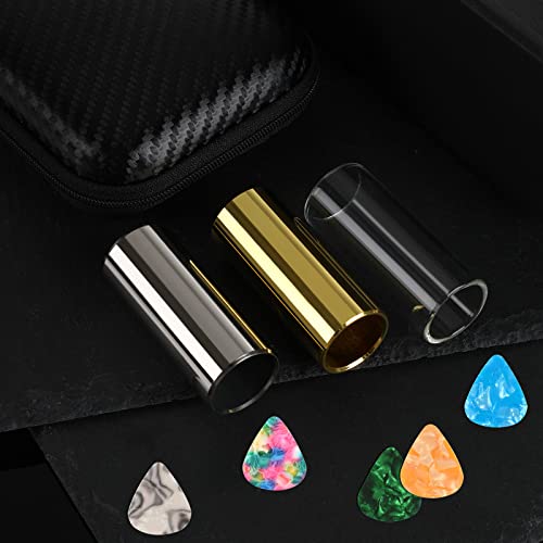 Guitar Slide, 4pcs Augshy Medium Guitar Slides(1 Stainless Steel, 1 Brass and 2 Glass), 4pcs Stainless Steel and 4pcs Plastic Thumb & Finger Picks, 10pcs Guitar Picks All in One Box Guitar Accessories - color: Multicolor 2