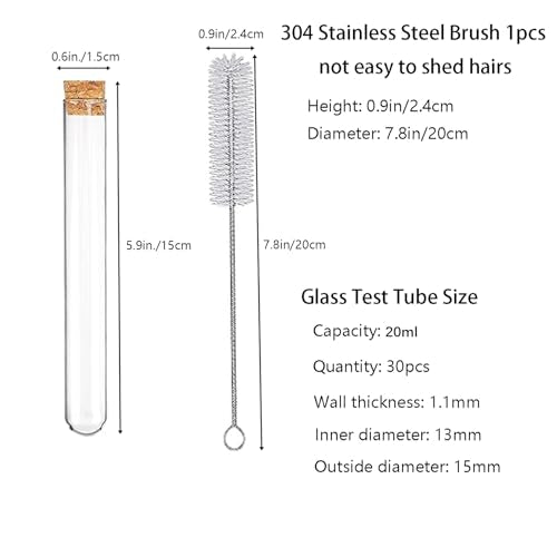 30pcs 20ml Glass Test Tubes 15 x 150mm with Cork Stoppers and Brush for Scientific Experiments and Plant Propagation Test Tubes - size: 15X150mm/20ml 30pcs