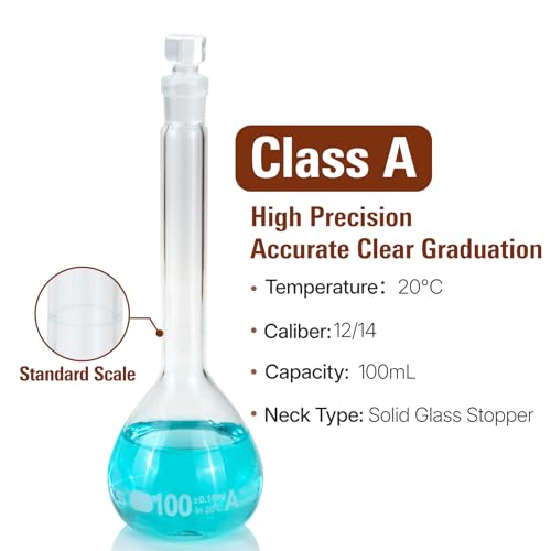 100 ml Volumetric Flask,Clear,3.3Borosilicate Glass,Class A,NS12/14 Glass Stopper,Laboratory Project (Pack of 2) - color: Clear, size: 100ml
