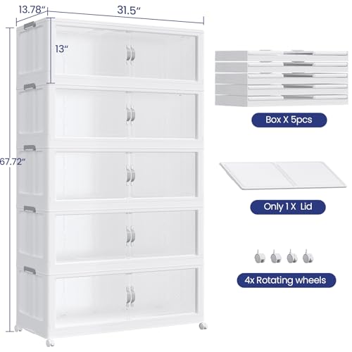 800QT Extra Large Stackable Storage Bins with Lid, 200Gal Plastic Closet Organizers and Storage Drawer, Collapsible Cabinet Box with Wheels Clear Doors for Home Kitchen Office, 5Pack White - size: 160QT