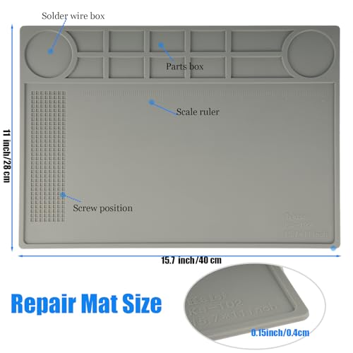 Kaisi KS-102 Repair Work Mat,Heat Resistant 932°F Silicone Soldering Mat - color: Grey, size: 15.75" x 11"