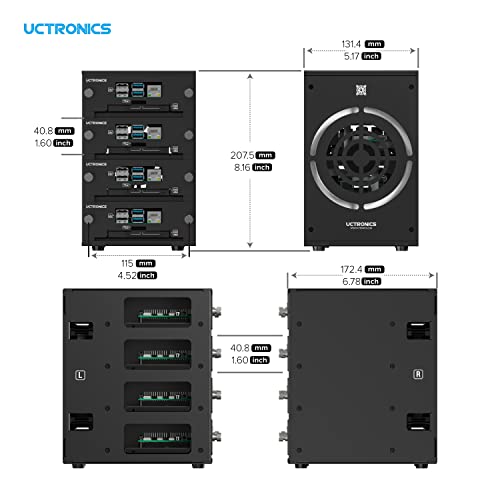 UCTRONICS Desktop Cluster Enclosure for Raspberry Pi, Up to 4 PIS and 2.5" SSD, Front Removable Trays, 12cm LED Cooling Fan for Raspberry Pi 5/4B/3B+/3B
