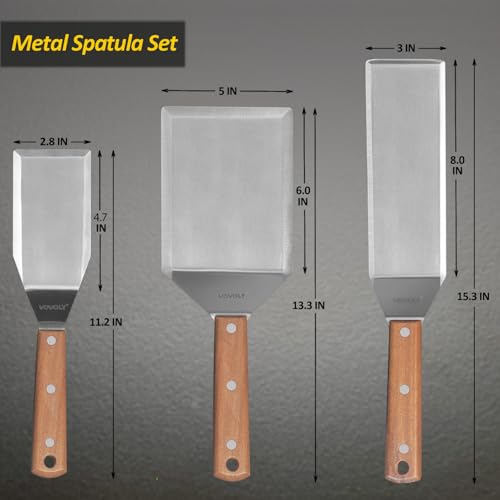 Stainless Steel Spatula Set, Grill Spatula Set with Full Tang Handle & Beveled Edges, Long Wide Spatula for Cast Iron Griddle BBQ Flat Top Grill, Pancake Turner, Smash Burgers Metal Flipper - size: 3" x 8", 5" x 6", 3" x 5"